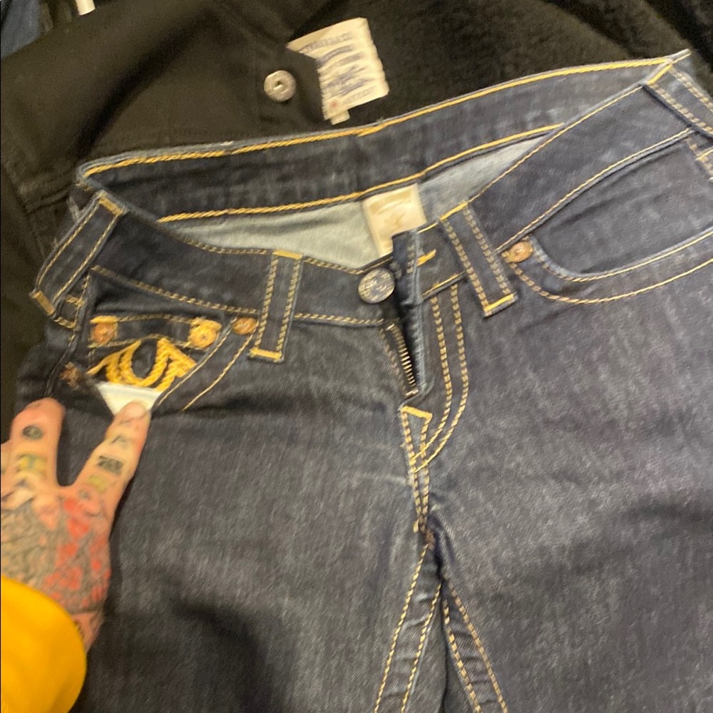 True Religion Blue Jeans with Contrast Stitching and Brass Accents